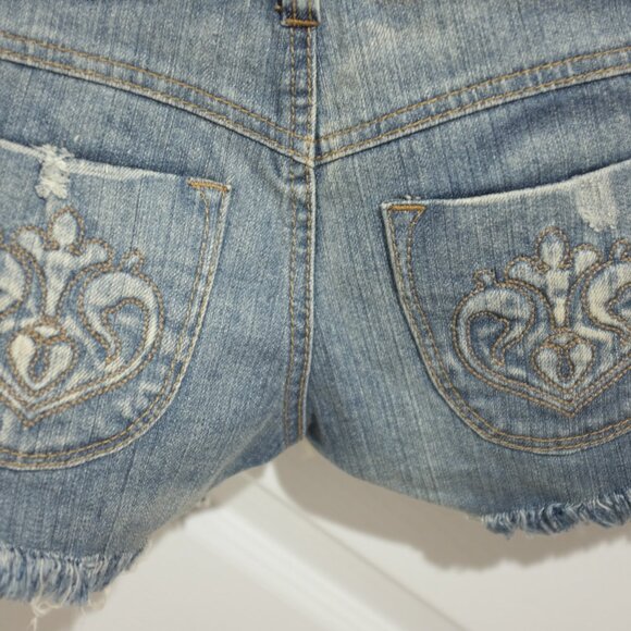 SIWY rose Jean Shorts Cutoff Decorative Sweater Patches Front Side Zipper - Picture 7 of 7